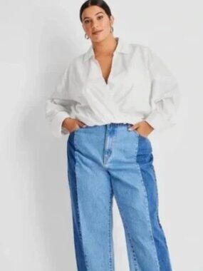 Future Collective Women's Plus Long Sleeve Cropped Shirt Elastic Waist